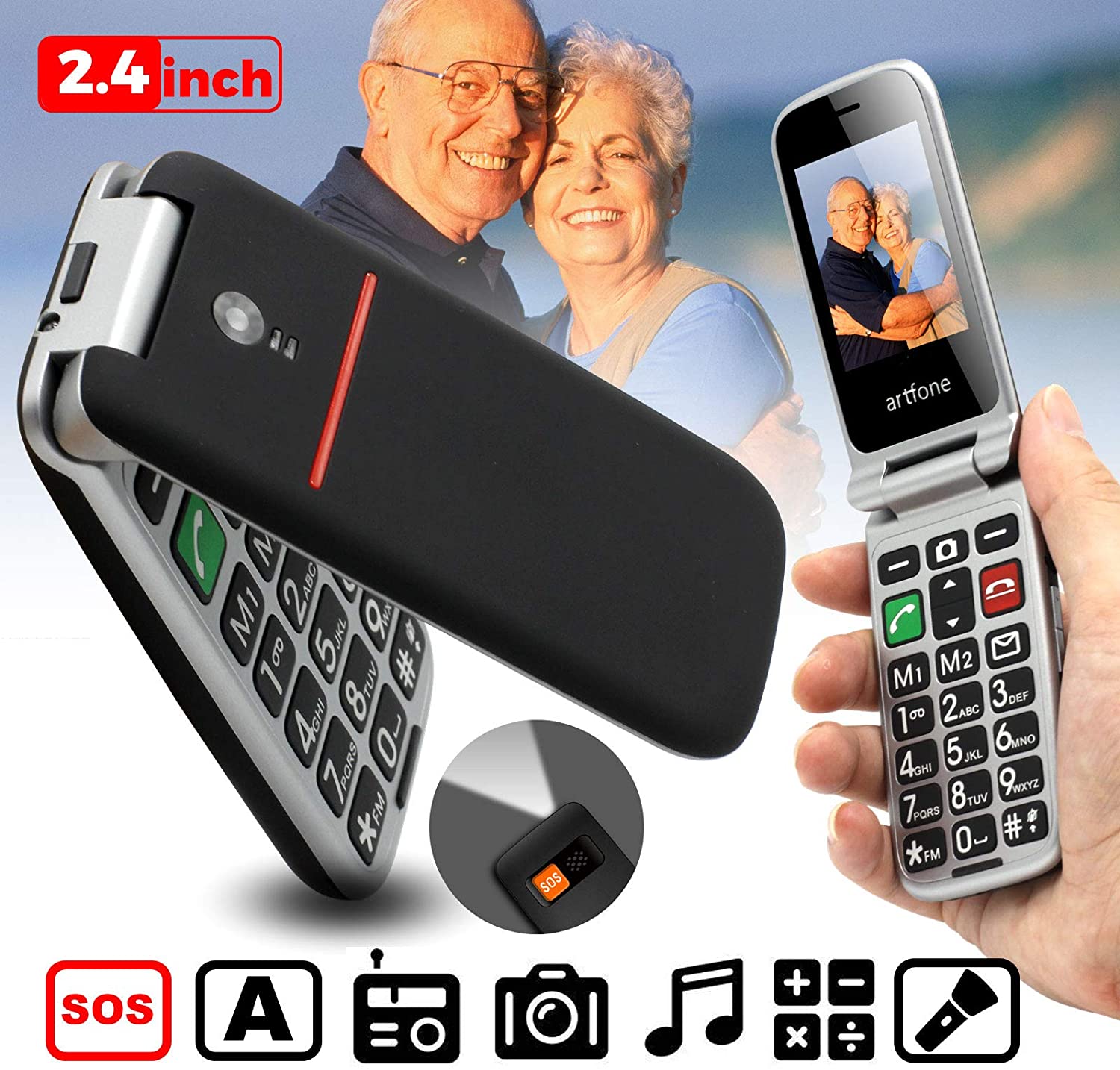Teléfonos móviles para personas mayores, Artfone Teléfonos móviles para  personas mayores con botón Sos, Teléfono móvil de botón grande para